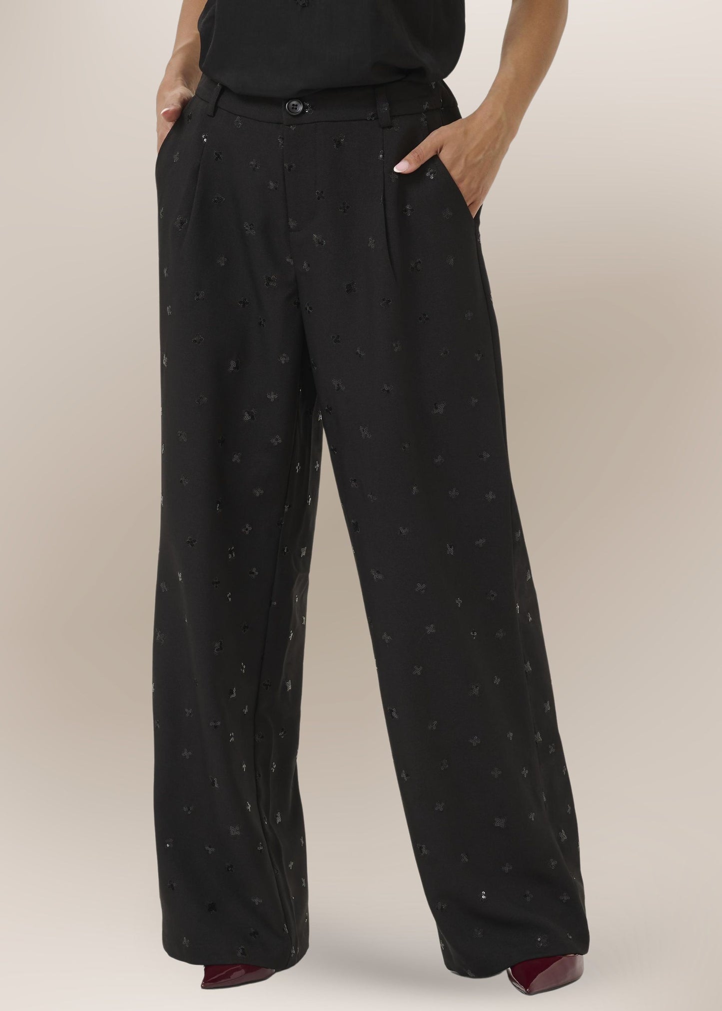 Pantalon Large à Pince Détails Sequins